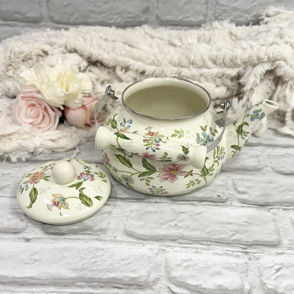 Floral Enamel Tea Pot Kettle Stove Top Porcelain  Cottage Core Farmhouse Nice! - Picture 7 of 15